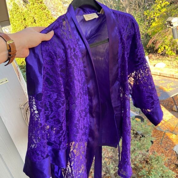Vintage 1980s Victoria’s Secret Purple Lace & Satin Kimono Robe OS - Glam Linger - Picture 5 of 6